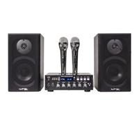 LTC - KARAOKE-STAR4-MKII - Kit de karaoke con amplificador, 2 micrófonos con cable y 2 altavoces de 75 W - Bluetooth y USB - Negro