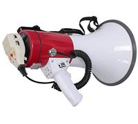 LTC - MEGA50USB - Megáfono recargable de 50 W con micrófono extraíble, sirena, controles USB, SD, AUX, MP3, asa, bandolera y grabación de mensajes - Blanco y rojo