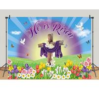 LTDKAEN He is Risen - Telón de fondo de Jesús para fotografía de Pascua, decoración religiosa de cruz, flores moradas, pastizales verdes, accesorios de fotos para fiesta de Pascua (8 x 6 pies)