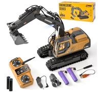 LTFIOON Excavadora RC 3 en 1 Radiocontrol con Cuchara Metálica Garra y Taladro 2.4GHz 14 Canales Rotación 680° Luces LED y 2 Baterías Juguete de Construcción Regalo para Niños 3-12 Años