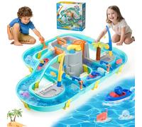 LTFIOON Juego de Agua con Circuito Acuático, 80 Piezas Mesa de Agua para Niños con Barcos - con Caña de Pescar Magnética y Figuras de Animales para Diversión en el Agua a Partir de 3 Años