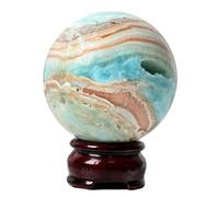 LTRAJUYNH Blue Hemimorphite Crystal Ball with Wooden Base for Divination Camera Photo Shoot Home Office Art Decoration,55~60mm