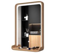 LTSRLL Espejo De Tocador con Luz LED para Baño, Espejo Cosmético con Marco De Madera Maciza, Espejo De Maquillaje Cuadrado Iluminado Horizontal/Vertical con Estante(Wood,50CMX70CM_Vertical)