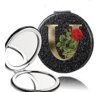 LTYKNGH Espejo De Bolsillo 2pcs 2-Side Mirror Folding Magnifying Makeup Pocket Portable Beauty Cosmetic Tool Golden Flower Letter Pattern(Black-U)