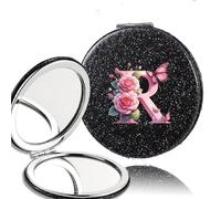 LTYKNGH Espejo De Bolsillo 2pcs Double Sided Flash PU Mirror Washable Space Saving Beauty Cosmetic Tool Pink Butterfly 26 Letter(Black-R)