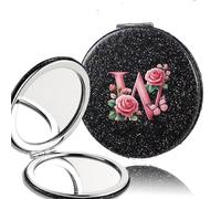 LTYKNGH Espejo De Bolsillo 2pcs Double Sided Flash PU Mirror Washable Space Saving Beauty Cosmetic Tool Pink Butterfly 26 Letter(Black-W)