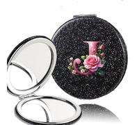 LTYKNGH Espejo De Bolsillo 2pcs Double Sided Flash PU Mirror Washable Space Saving Beauty Cosmetic Tool Pink Butterfly 26 Letter(Black-J)