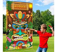 Luau Party Games Hawaiian Tiki Party Toss Games Banner con 3 bolsas de frijoles decoración de tótem para suministros de carnaval tropical de verano