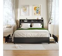 LUBEDCY Marco de cama Queen con cabecera ergonómica, marco de cama de plataforma tamaño Queen con tomas de corriente y cargador, marco de cama de metal tamaño Queen con estante de almacenamiento, sin