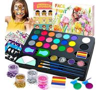 Lubibi Kit de Maquillaje Pintura Cara Niñas, 21 Colores Paleta de Maquillaje Para Niños, Juego de Maquillaje Lavable Con 3 Pinceles, 28 Plantillas de Tatuajes, Pintura Facial de Halloween / Navidad