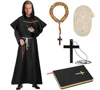 Lubolee Disfraz de Monje para Hombre con Cadena con Cruz, Rosario, Cinturón y Librito de la Biblia para Carnaval, Halloween, Cosplay y Representaciones Teatrales. (L)