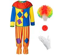Lubolee Disfraz de Payaso para Niños con Peluca de Payaso Infantil, Nariz Roja de Payaso y Guantes, Disfraz Circo para Niños, Ideal para Carnaval, Halloween y Actuaciones Escénicas (XL)