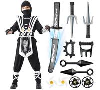 Lubolee Disfraz Ninja para Niños con Ropa Ninja y Armas Variadas, Disfraz de Ninjago para Niños con Motivo de Dragón, Ideal para Carnaval, Halloween y Cosplay (XL)