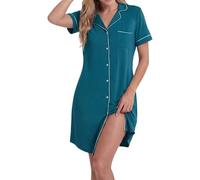 LUBOT Camisones para mujer, viscosa de bambú, suave, refrescante, transpirable, corto, camisón, vestido S-4XL, (Botón) Azul pavo real, M