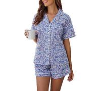LUBOT Pijama 100% algodón para mujer, conjunto de pijama de 2 piezas de popelina tejida de manga corta con botones, ropa de dormir de verano S-XXL, S