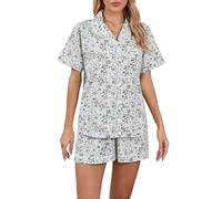 LUBOT Pijama 100% algodón para mujer, conjunto de pijama de 2 piezas de popelina tejida de manga corta con botones, ropa de dormir de verano S-XXL, Large