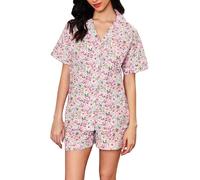 LUBOT Pijama 100% algodón para mujer, conjunto de pijama de 2 piezas de popelina tejida de manga corta con botones, ropa de dormir de verano S-XXL, M
