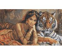 Luca-S Kit de punto de cruz dorado - La princesa india y el tigre real, BU5060, kit de costura y bordado