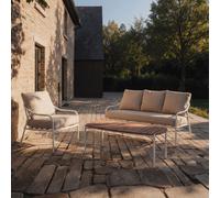 Luca - Salón de jardín de tela crudo y metal blanco 4 plazas H 38 x B 120 x T 73 cm