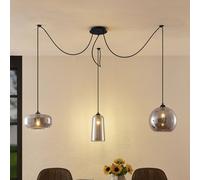 Lucande lámpara colgante Zyli, 3 luces, gris humo, cristal