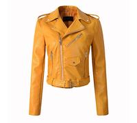 LucaSng Chaqueta de Cuero PU para Mujer, Mujer Invierno Retro Cremallera Bombardero Chaquetas Corta Deportiva Cuero PU Biker Cazadoras Imitacion Piel Moto Abrigos (Amarillo, M)