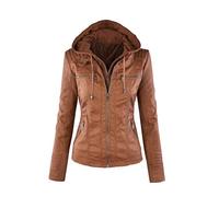 LucaSng Mujer Invierno Cremallera Jackets Chaquetas Deportiva Cuero PU Biker Cazadoras Imitacion Piel Moto Abrigos con Capucha, Chaqueta Corta para el Otoño (Marrón, S)