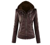 LucaSng Mujer Invierno Cremallera Jackets Chaquetas Deportiva Cuero PU Biker Cazadoras Imitacion Piel Moto Abrigos con Capucha, Chaqueta Corta para el Otoño (Café, 2XL)