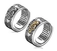 LucBuy 2 Piezas Anillo Mantra PiXiu Feng Shui, Anillos Budistas de Plata, Joya Banda Amuleto MANI, Anillos Abiertos Ajustables Vintage Regalo Hombre Mujer (A13)