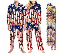 LucBuy Conjunto de Pijamas Personalizado con Foto de Cara, Ropa de Dormir de Manga Larga Personalizada para Mujeres y Hombres,Regalos Divertidos Personalizados del Juego de Salón Pjs (A38)