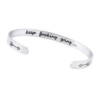 LucBuy Pulseras Inspiradoras, Brazalete de Acero Inoxidable con Mantra Motivacional Grabado Keep Going, Banda Ajustable de Alto Pulido, Joyas de Amistad (Plateado)