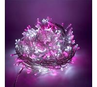 Luccika Guirnalda luminosa LED 31 V con 8 efectos de luz, luces navideñas para árbol de Navidad y exterior, IP44, cable transparente (blanco hielo + rosa, 25 m, 500 LED)