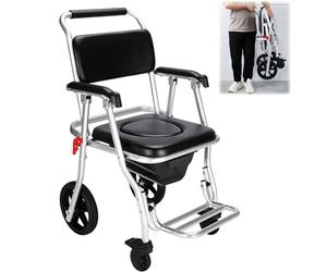 LUCEAE Silla de ruedas plegable para ducha, silla con inodoro de cabecera 3 en 1 con cubo extraíble y reposapiés abatible, silla de ducha con ruedas impermeable para adultos mayores discapacitados