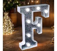 Luces de Letras LED para Marquesina, Letrero de Letras con Purpurina Plateada que se Iluminan, Luz Nocturna Alimentada por Batería para Fiesta de Cumpleaños, Boda, Decoración del Hogar, Baby Shower-F