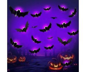 Luces de murciélago LED 3D, 24 unidades Decoración Luces LED murciélago de Halloween, Calcomanías LED de murciélagos, Extraíble de LED murciélago, para decoración de jardín, ventanas, dormitorio