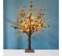 Luces de Navidad artificiales árbol mesa mini árbol de Navidad con luces LED, decoraciones de brillo interior navideñas con bayas rojas y hojas verdes, lámpara de noche novedad