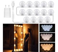 Luces Espejo Maquillaje 14 Bombillas con Adaptador, Cable Ajustable, 3 Colores y 10 Brillos, Luz LED Estilo Hollywood USB, Luces Tocador Adhesivas, Luces LED Kit de Espejo, 1 juego