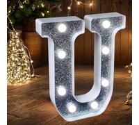 Luces LED de Letras de Marquesina, Letrero de Letras Plateadas con Purpurina que se Iluminan, Luz Nocturna Alimentada por Batería para Fiesta de Cumpleaños, Boda, Decoración del Hogar, Baby Shower-U