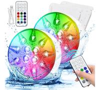 Luces LED Sumergibles Piscina Recargables, IP68 Impermeables con Mando RF, USB, Temporizador, RGB 16 Colores 13 LEDs para Piscina, Jacuzzi, Acuario, Estanque, Florero, Fiesta (Pack 2)