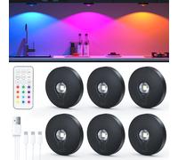 Luces LED Vitrina Recargables con Control Remoto,Luz LED Armario Recargable,Foco led Inalámbricas, Respetuoso con el Medio Ambiente, Luz Nocturna con Función de Temporización (RGB, negro | 6 pz)