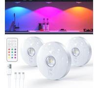 Luces LED Vitrina Recargables con Control Remoto,Luz LED Armario Recargable,Foco led Inalámbricas, Respetuoso con el Medio Ambiente, Luz Nocturna con Función de Temporización (RGB, blanco | 3 pz)