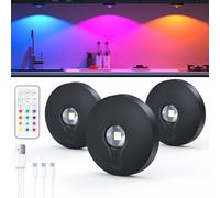 Luces LED Vitrina Recargables con Control Remoto,Luz LED Armario Recargable,Foco led Inalámbricas, Respetuoso con el Medio Ambiente, Luz Nocturna Función Temporización Puntos (RGB, negro | 3 pz)