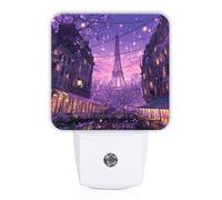 Luces nocturnas de la torre de París enchufables en la pared, románticas cerezas urbanas, flores, edificios, primavera, sensor de luz violeta, enchufable, lámpara de noche LED para dormitorio, baño
