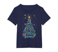 Luces para árbol de Navidad, Notas Musicales, árbol de Navidad, músico Camiseta, Mujer Tallas Grandes, Azul Marino, 2XL Grande