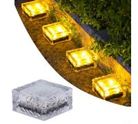 Luces solares de ladrillo de vidrio para exteriores, lámparas LED automáticas del atardecer al amanecer, para decoración de jardín, camino, patio, entrada, paquete de 4 (luz cálida)