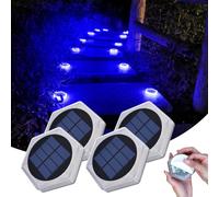 Luces Solares Exterior Jardin Suelo Azul 20LED, Balizas Planas con Pegatina | Lámpara de poner (10cm) sin instalación, Luz Indirecta, Crepuscular para Camino Escaleras Acera Parking Piscina (4 Pack)
