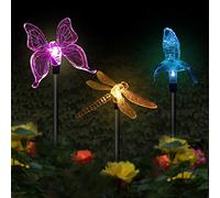 Luces solares para jardín, 3 unidades, luces solares de jardín, multicolor cambiantes con energía solar, iluminación decorativa de paisaje, colibrí, mariposa, libélula para caminos al aire libre