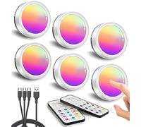 Luces Vitrina RGB Recargable USB, Bateria de 1600mAh Luces LED Armario Pilas Inalambrica Foco LED Colores con Mando y Iman Luz LED Adhesiva con Pulsador Luz LED Cocina Bajo Mueble Tactil Sin Cable