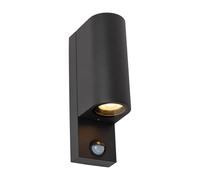 LUCIDE ZARO - Foco de pared/Lámpara de pared Dentro/Fuera - 2xGU10 - IP65 - Sensor movimiento & día/noche (desactivable) - Negro
