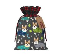 Luckily&Day Bolsa de regalo con cordón de Navidad con estampado de perros Corgi, para fiestas, festivales, divertida bolsa de lona reutilizable, 1 pieza pequeña