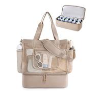 LUCKIUP Bolsa de Playa Mujer, Bolsa Termica Playa con Cremallera, Nylon Impermeable para Playa, Viajes, Daily Pool Gym, Lightweight Shopping Grocery Bag(Caqui)